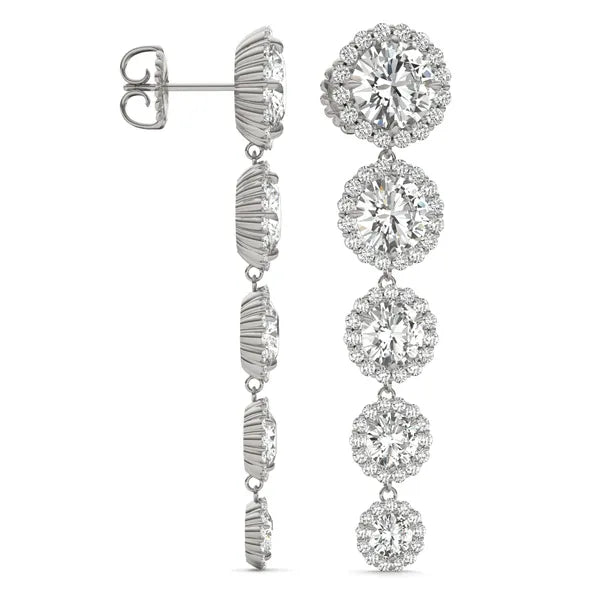 Round Radiant Signature Five-Stone Graduated Halo Drop Earrings