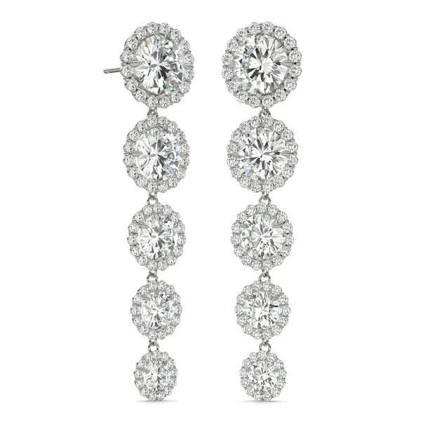 Round Radiant Signature Five-Stone Graduated Halo Drop Earrings
