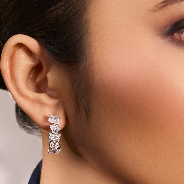 Drop and Emerald Cut Moissanite Diamond 925 Sterling Silver Hoop Earrings