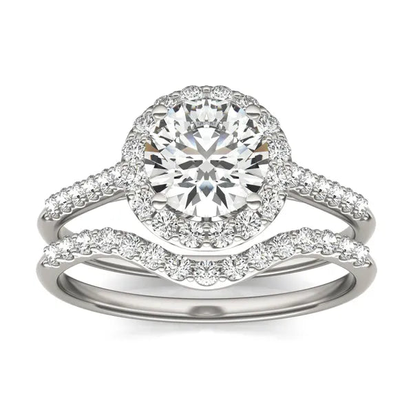 Round Brilliant Signature Accented Halo Bridal Set