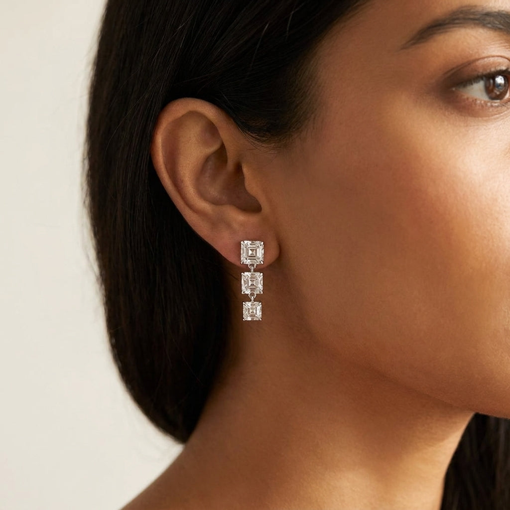 Meiara AI Lifestyle — Aria Asscher Three-Stone Graduated Drop Earrings
