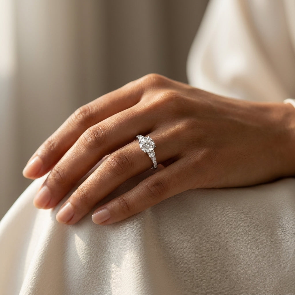 Meiara AI Lifestyle — Eve Cushion Graduated Side-Stone Engagement Ring