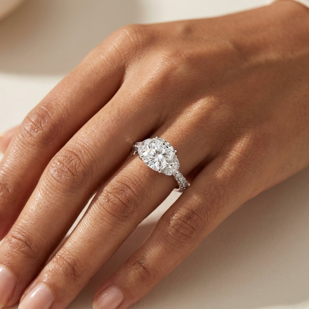 Meiara AI Lifestyle — Lume Cushion Three-Stone Ring