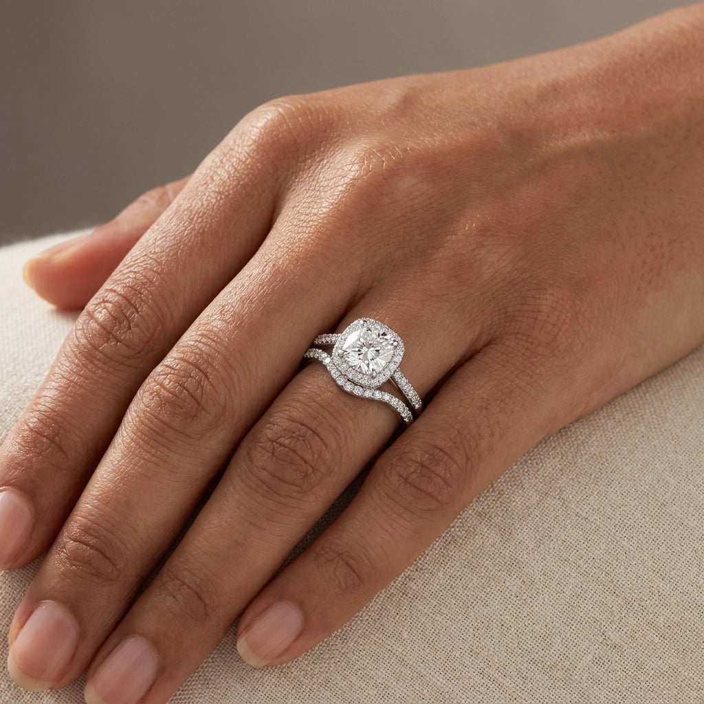 Meiara AI Lifestyle — Iris Cushion Accented Halo Bridal Set