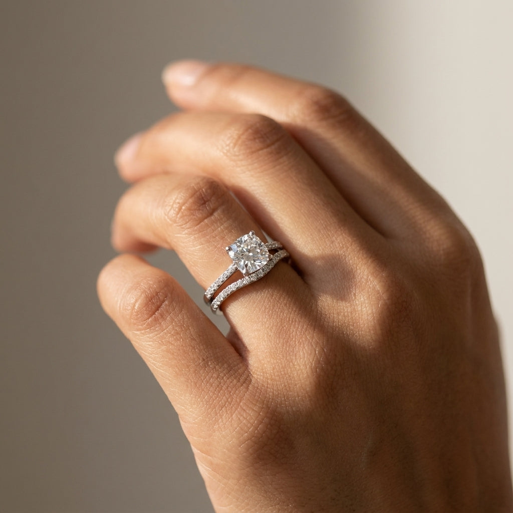 Meiara AI Lifestyle — Eve Cushion Side-Stone Bridal Set