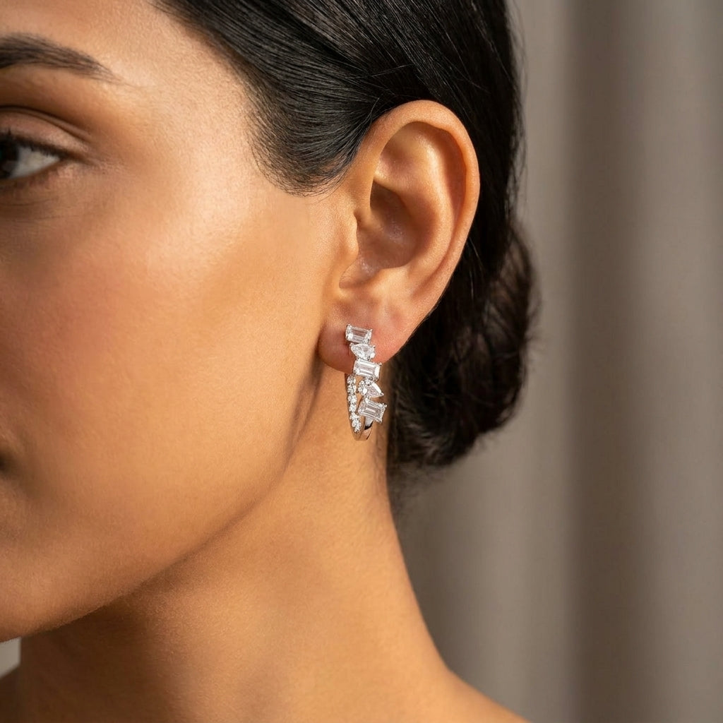 Meiara AI Lifestyle — Aria Drop and Emerald Cut Hoop Earrings
