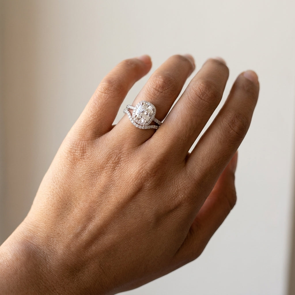 Meiara AI Lifestyle — Iris Elongated Cushion Accented Halo Bridal Set