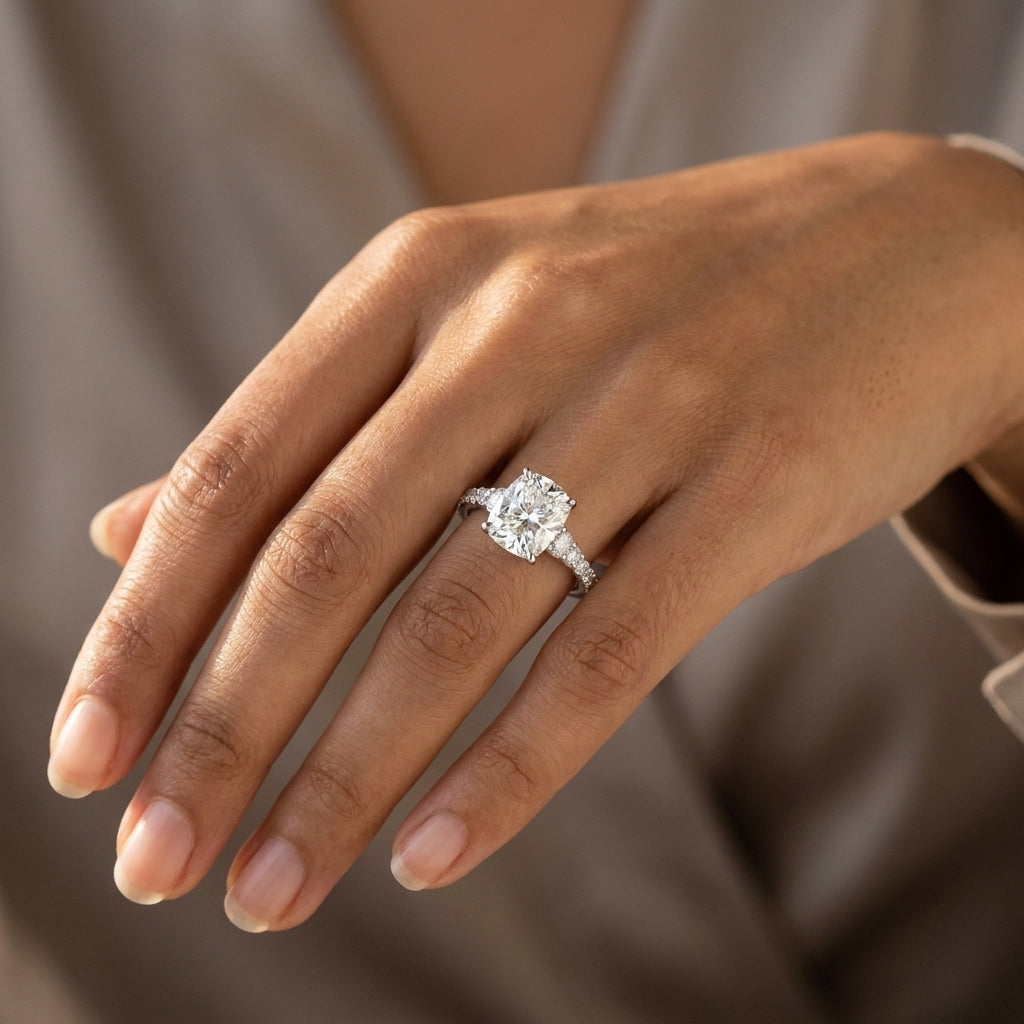 Meiara AI Lifestyle — Eve Elongated Cushion Graduated Side-Stone Engagement Ring
