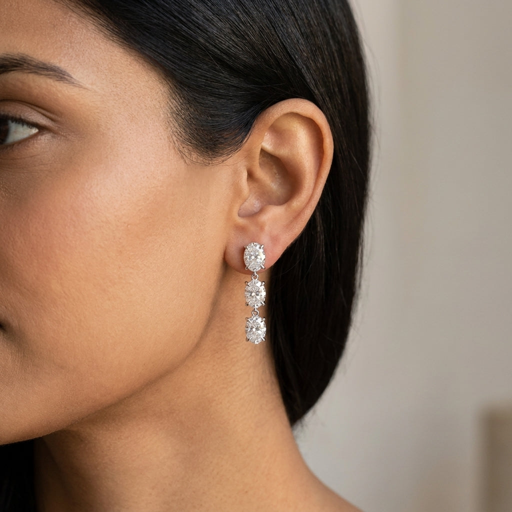 Meiara AI Lifestyle — Aria Elongated Oval Three-Stone Graduated Drop Earrings