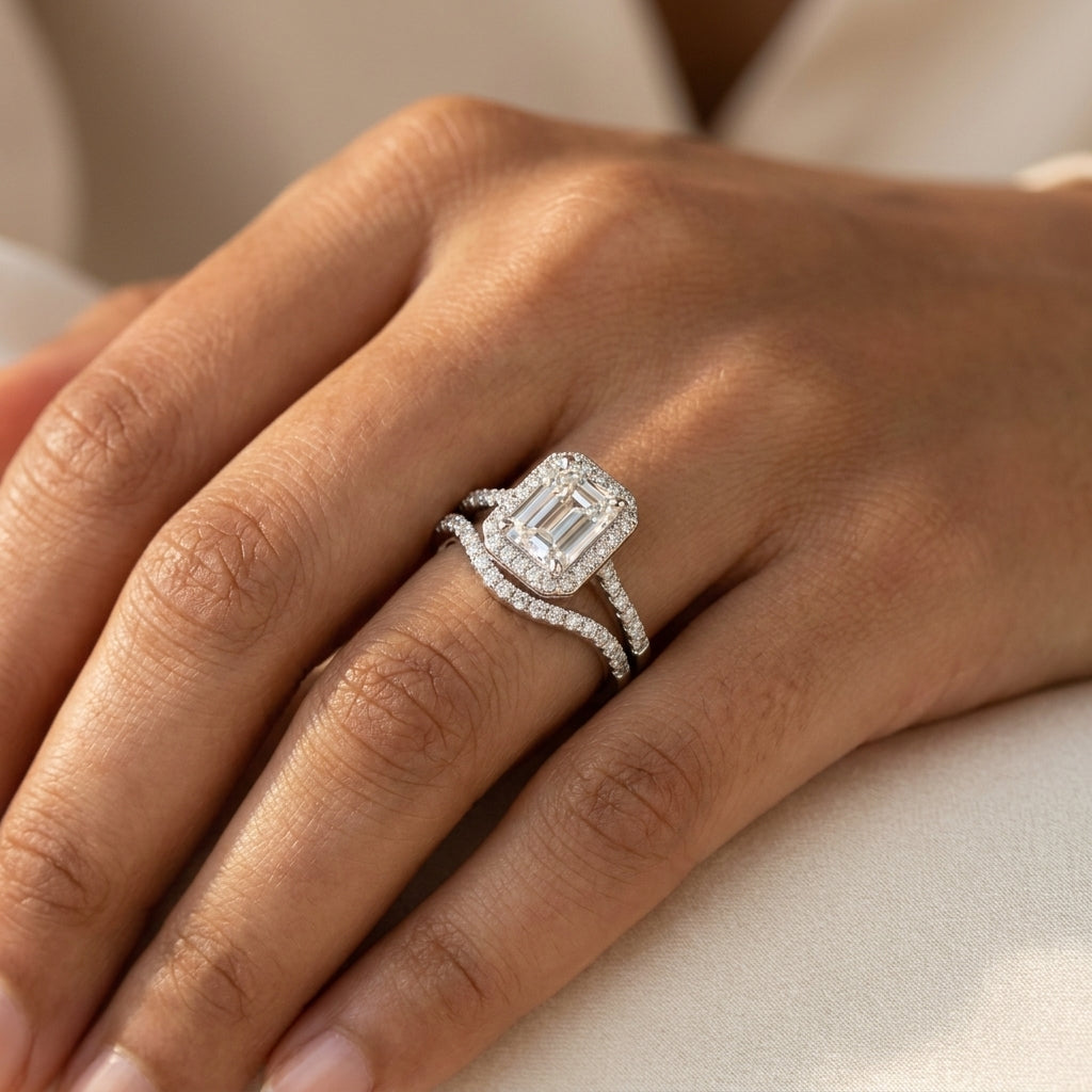 Meiara AI Lifestyle — Iris Emerald Accented Halo Bridal Set