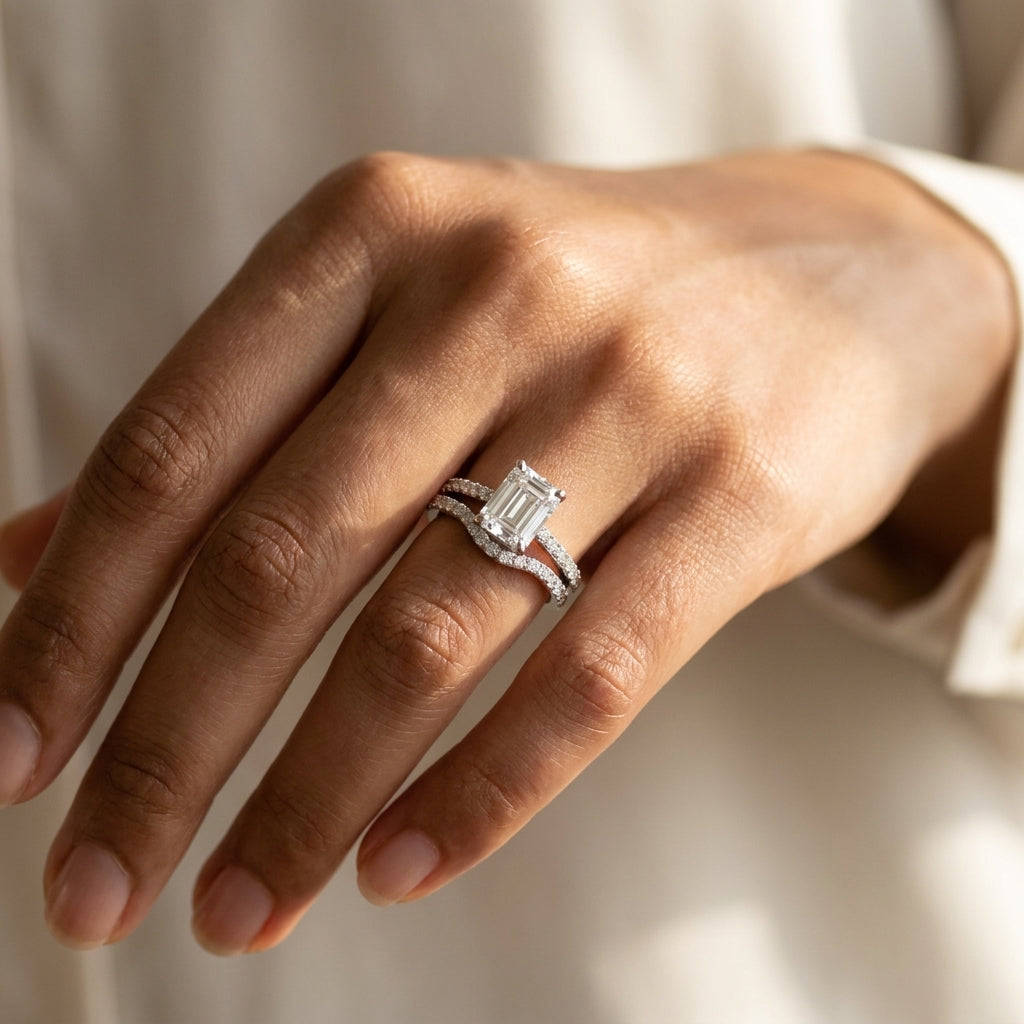 Meiara AI Lifestyle — Eve Emerald Radiant Side-Stone Bridal Set