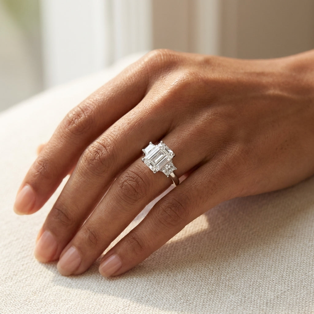 Meiara AI Lifestyle — Eve Emerald Trapazoid Three-Stone Ring