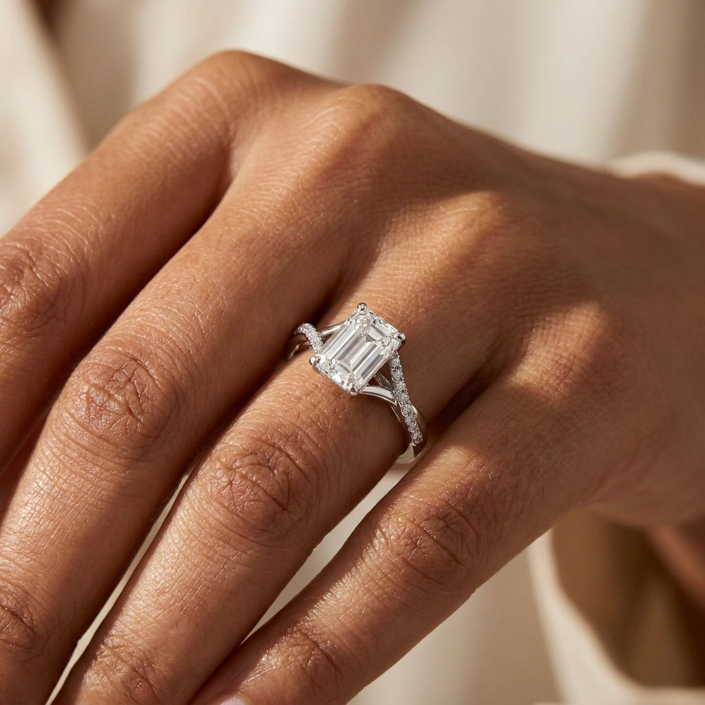 Meiara AI Lifestyle — Eve Emerald Twisted Side-Stone Engagement Ring