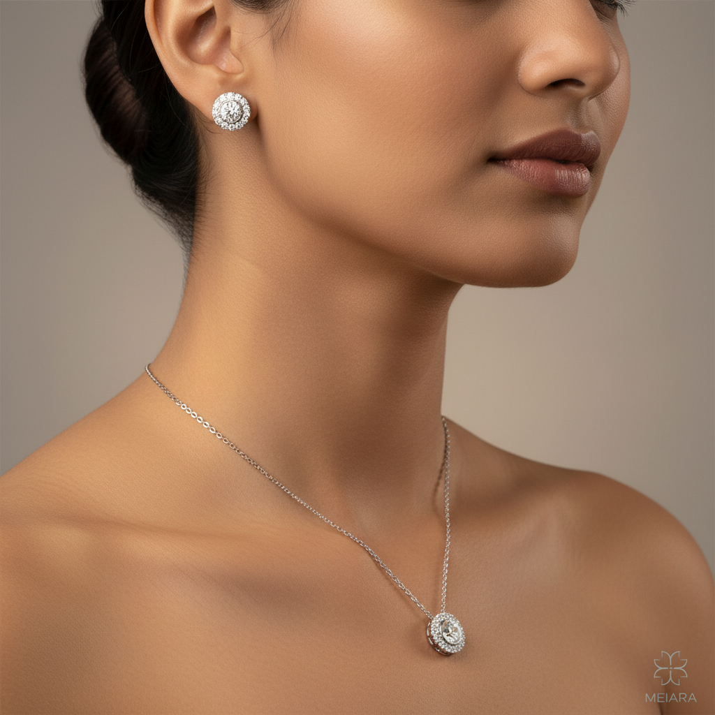 Meiara AI Lifestyle — Iris Round Halo Pendant & Stud Set