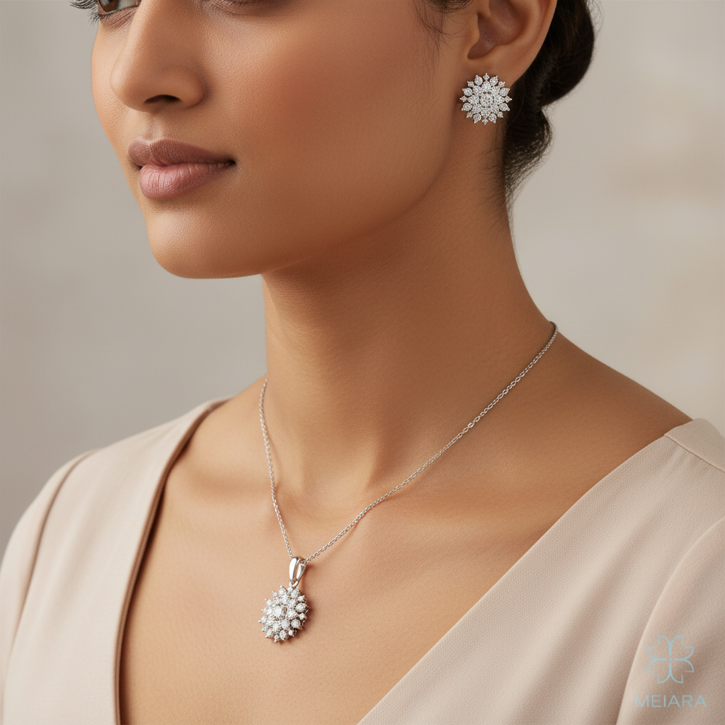 Meiara AI Lifestyle — Iris Floral Cluster Pendant & Stud Set