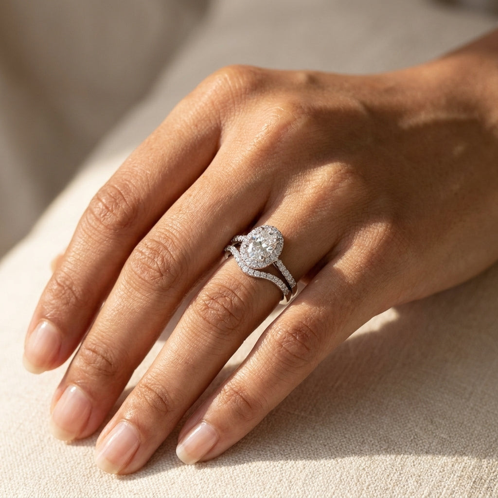 Meiara AI Lifestyle — Iris Oval Accented Halo Bridal Set