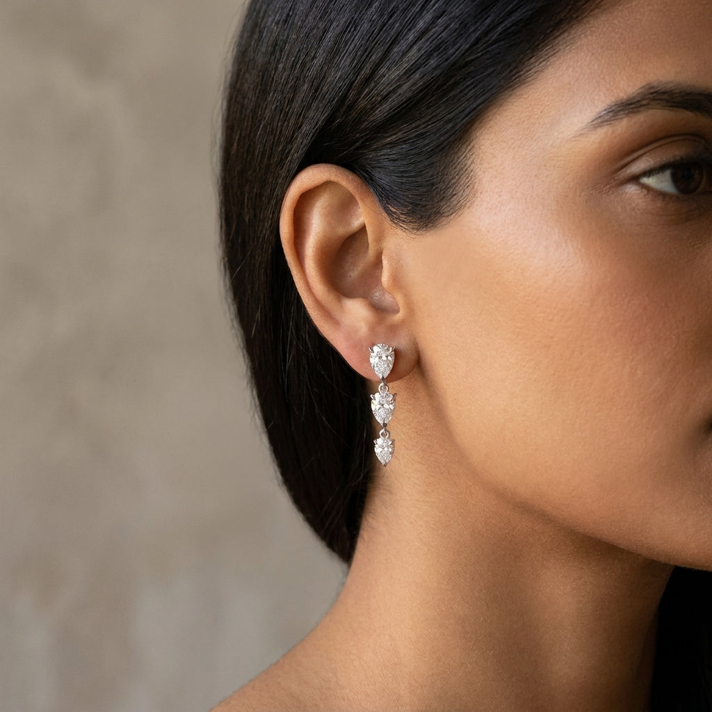 Meiara AI Lifestyle — Aria Pear Three-Stone Graduated Drop Earrings
