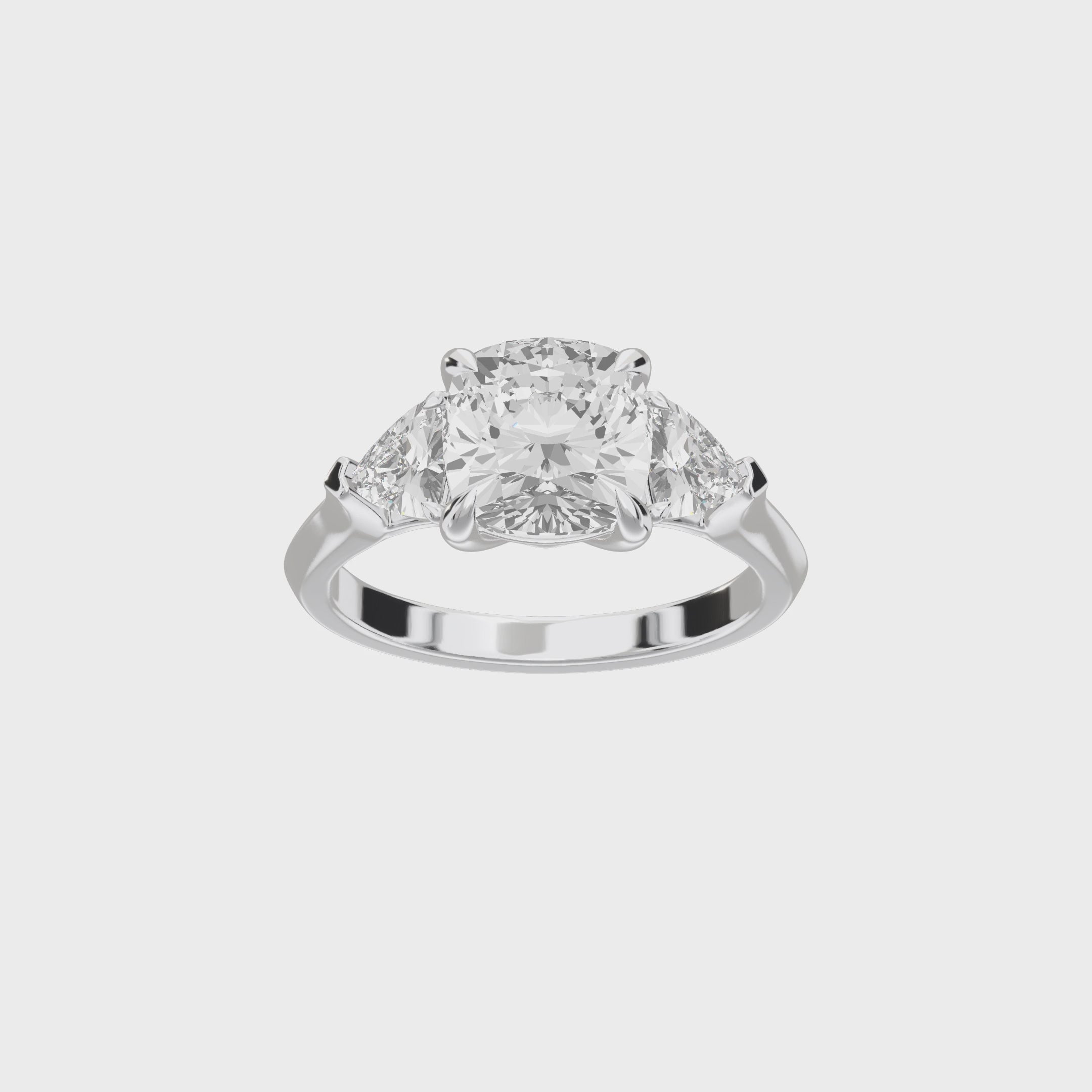 Eve Cushion Claw Prong Three-Stone Ring — 360 spin