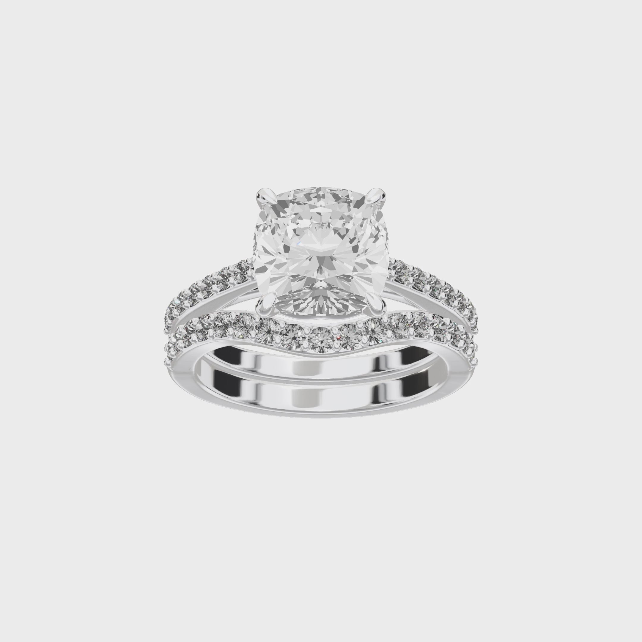 Eve Cushion Sleek Stylish Side-Stone Bridal Set — 360 view