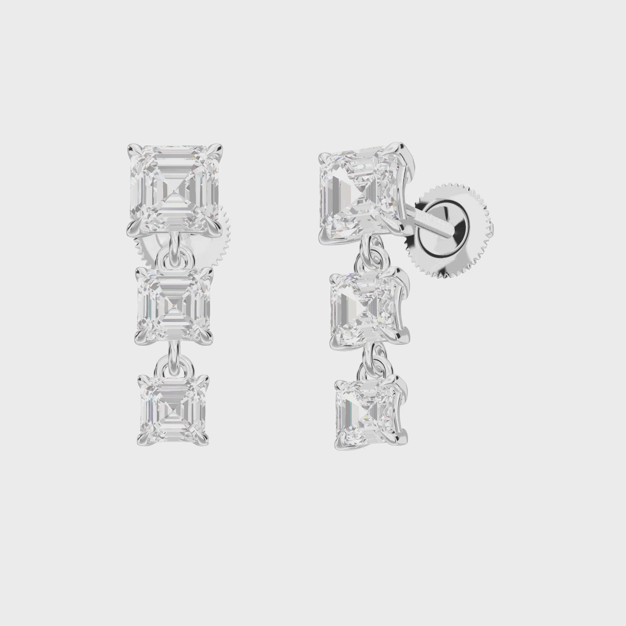 Aria Asscher Three-Stone Graduated Drop Earrings — 360 view