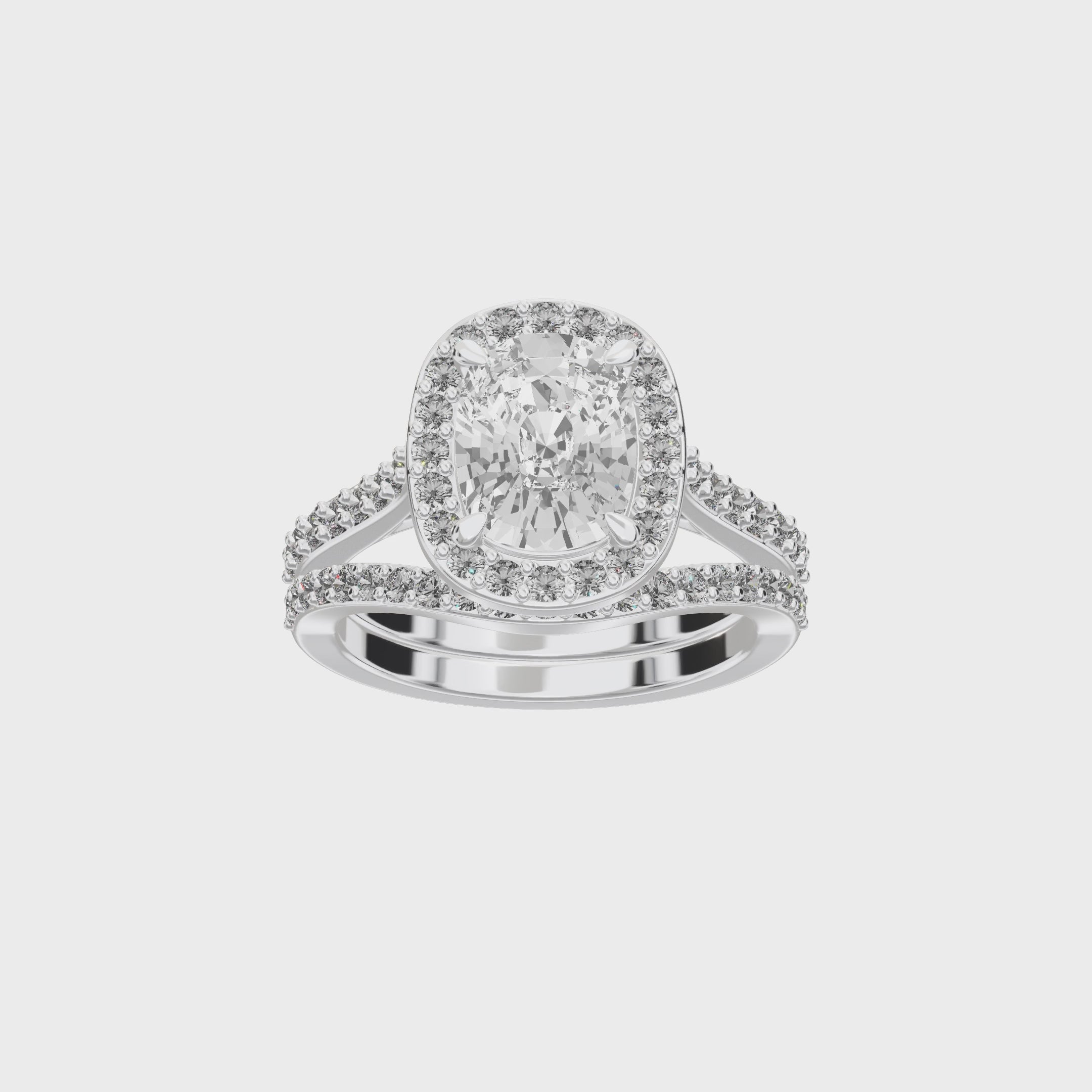 Iris Elongated Cushion Accented Halo Bridal Set — 360 spin