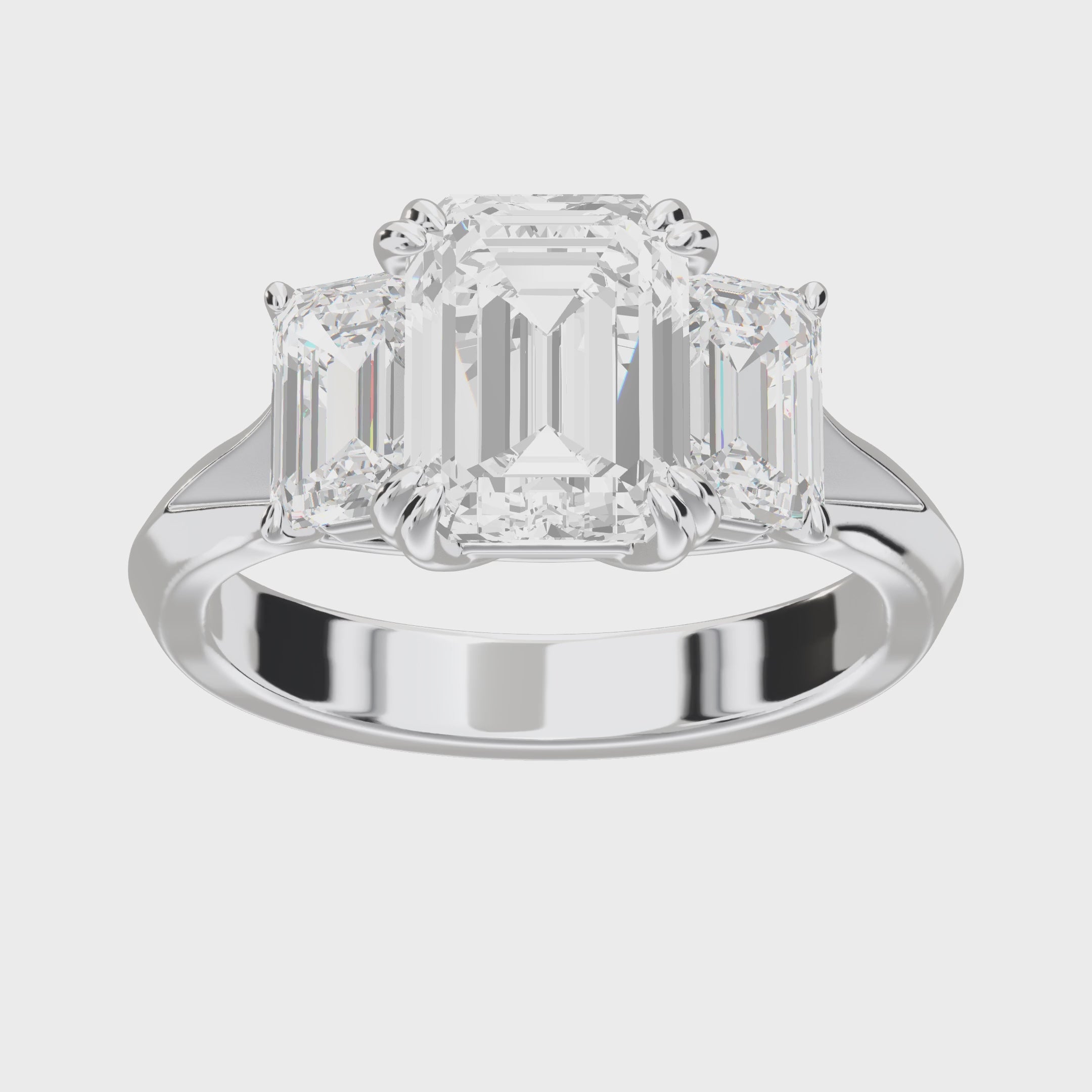 Eve Radiant Three Stone Classic Engagement Ring — 360 spin