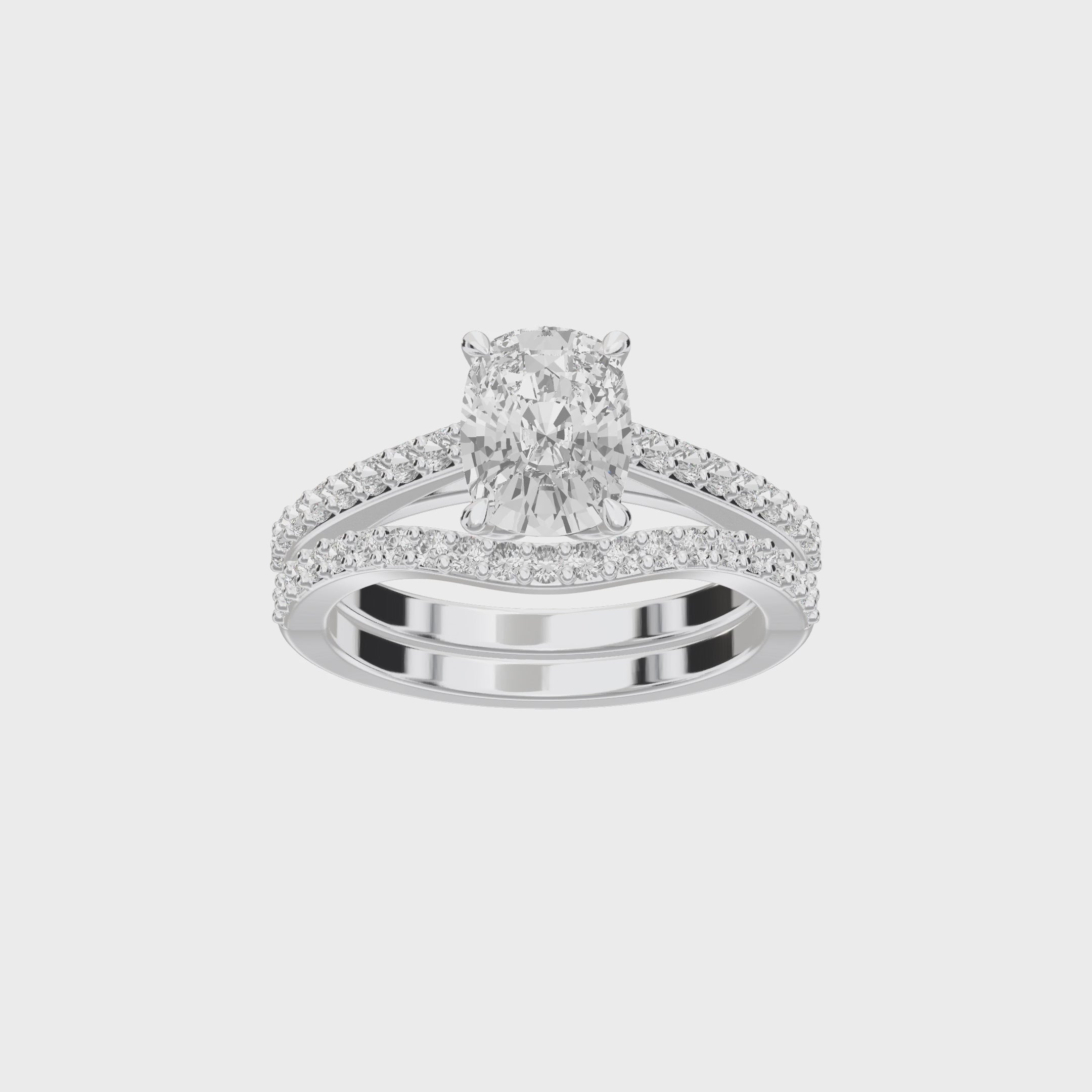 Eve Elongated Cushion Sleek Stylish Side-Stone Bridal Set — 360 view