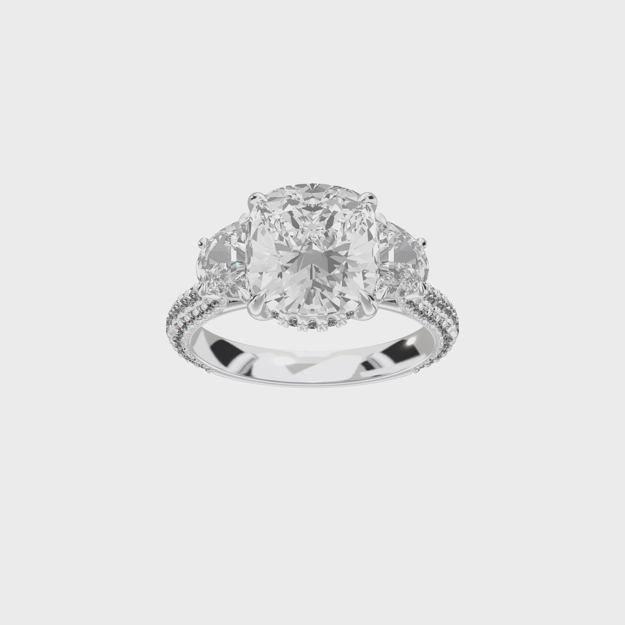 Lume Cushion Three-Stone Ring — 360 view