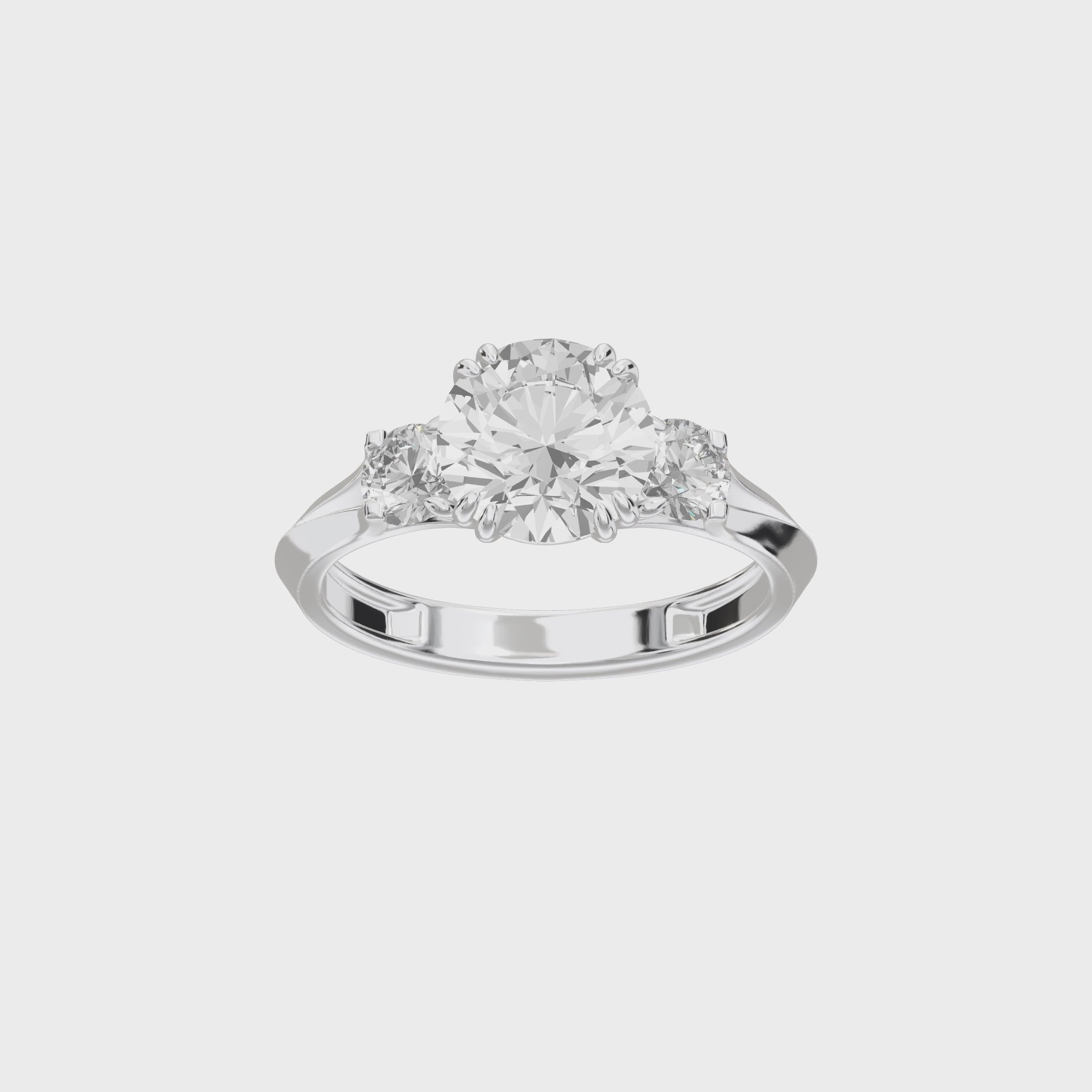 Eve Round Brilliant Three Stone Classic Engagement Ring — 360 view