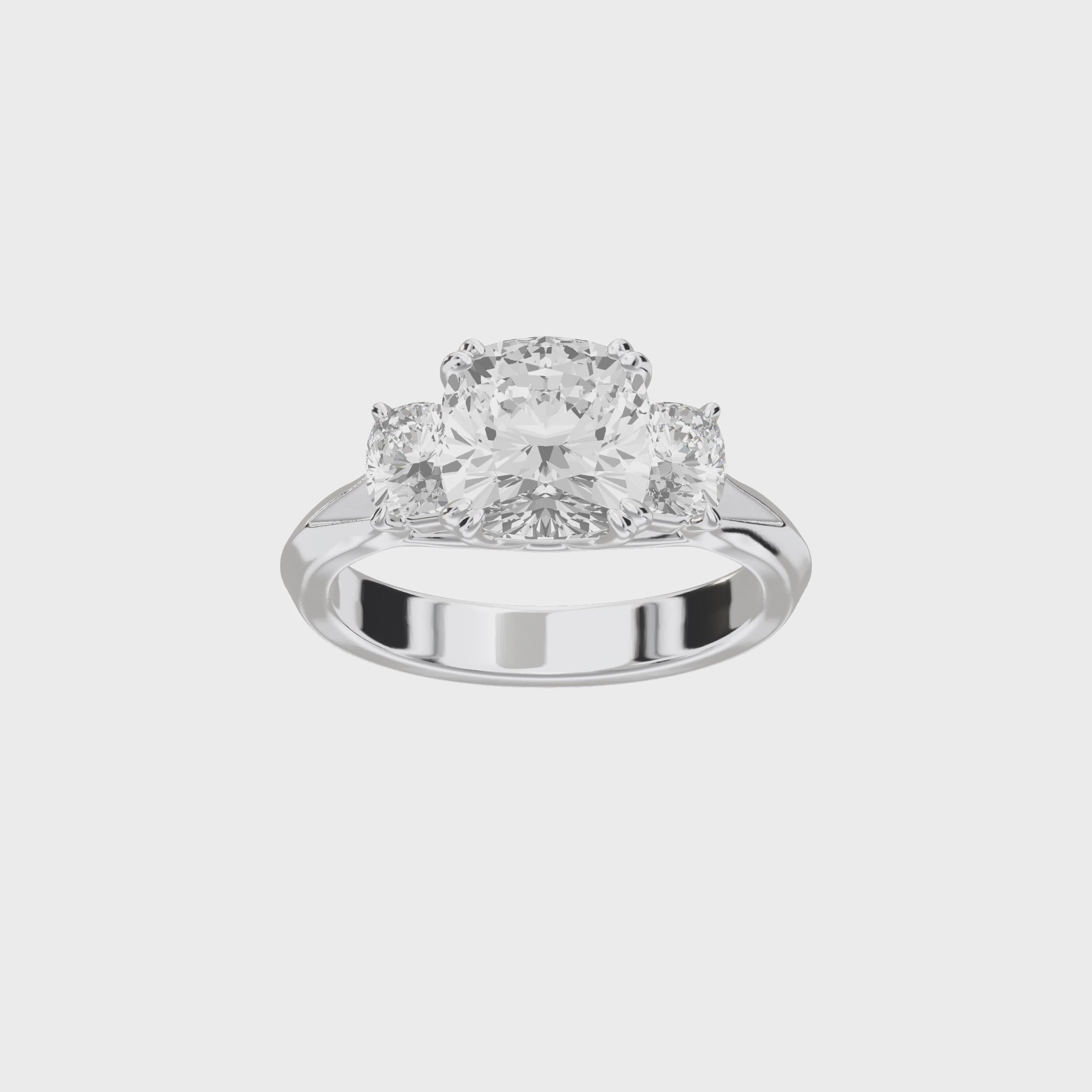 Eve Cushion Three Stone Classic Engagement Ring — 360 view