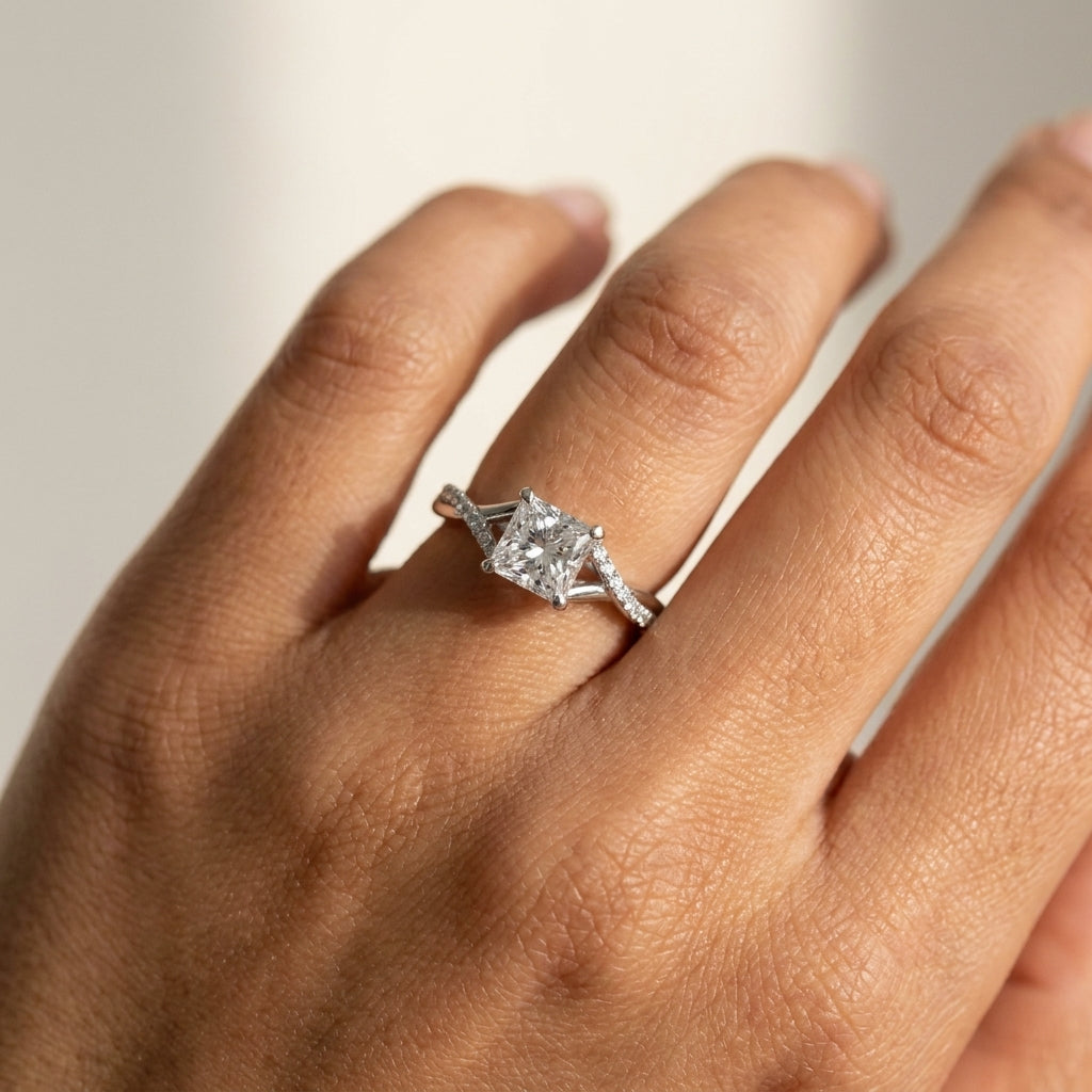 Meiara AI Lifestyle — Eve Princess Twisted Side-Stone Engagement Ring