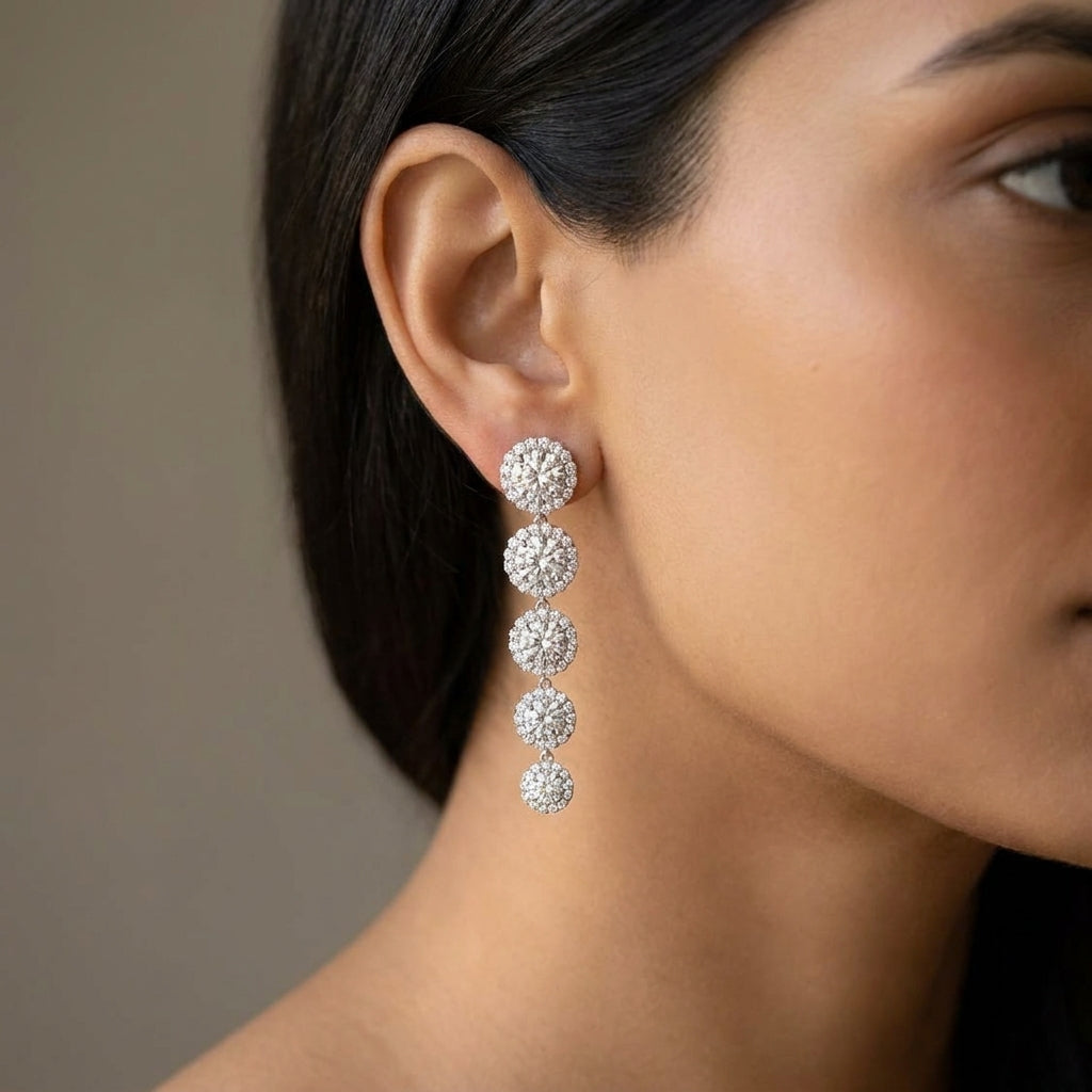Meiara AI Lifestyle — Iris Round Radiant Five-Stone Graduated Halo Drop Earrings