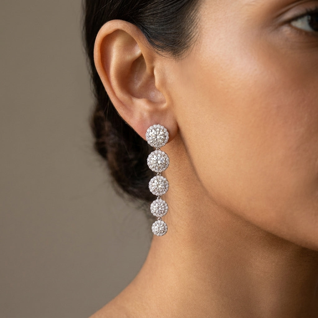 Meiara AI Lifestyle — Iris Round Five Stone Halo Drop Earrings