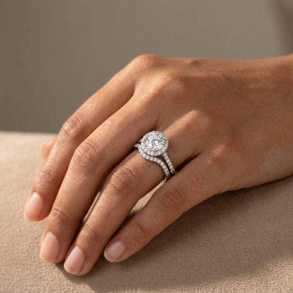 Meiara AI Lifestyle — Iris Round Accented Halo Bridal Set