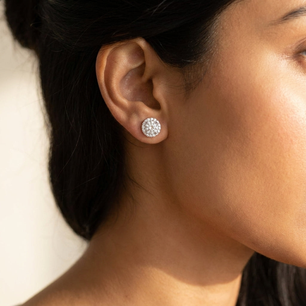 Meiara AI Lifestyle — Iris Round Halo Stud