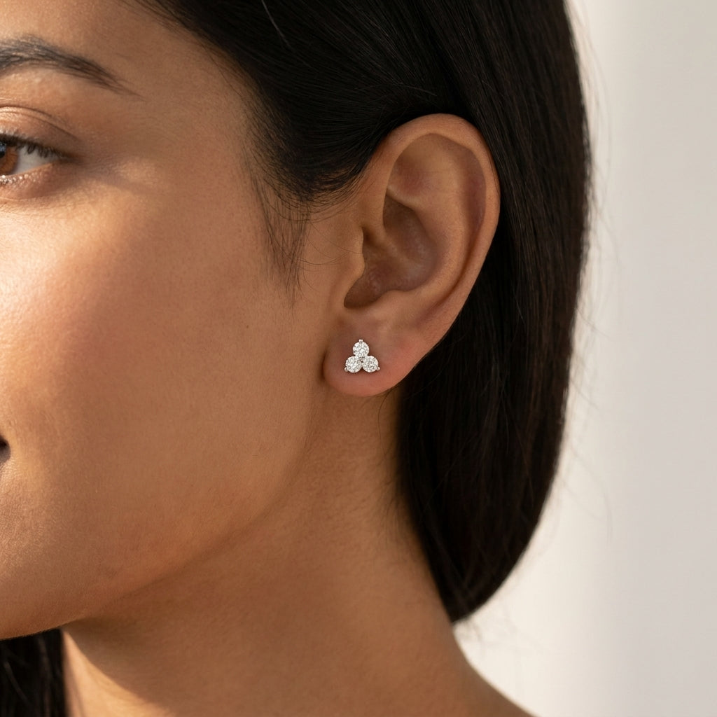 Meiara AI Lifestyle — Lyra Three-Stone Cluster luxe Stud